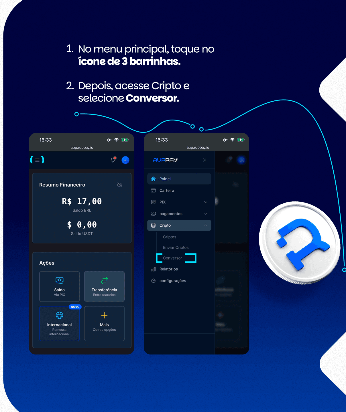 Passo 1: toque no ícone de 3 barrinhas no menu principal. Passo 2: acesse Cripto e selecione Conversor.