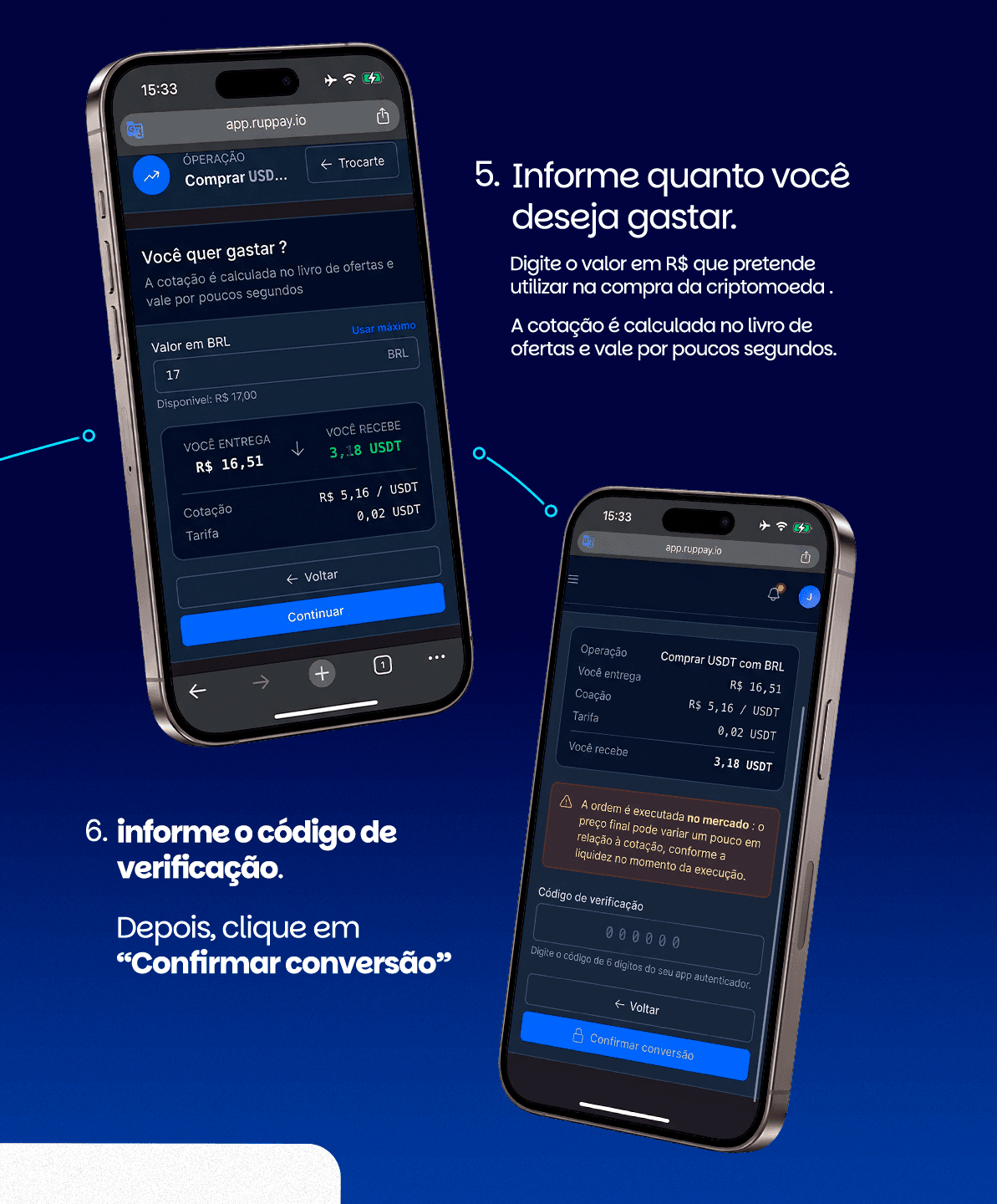 Passo 5: informe quanto deseja gastar em reais. Passo 6: informe o código de verificação e confirme a conversão.
